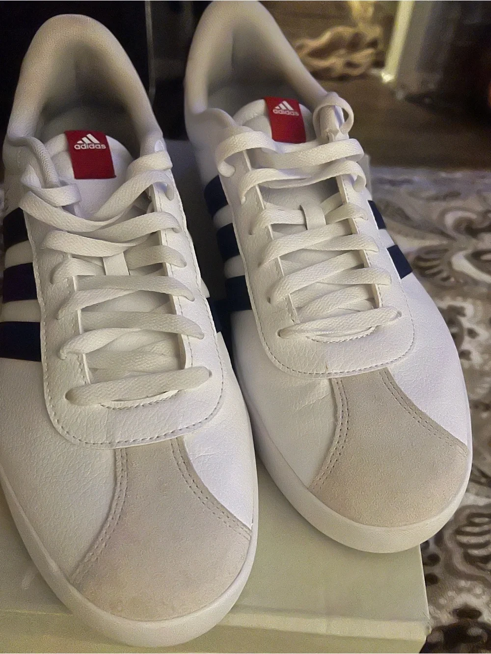 Mens Adidas VL Court 3.0 White Sneakers with Navy Stripes